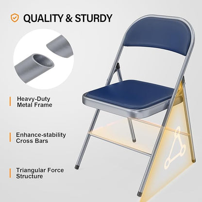 VINGLI 4 Pack Folding Chairs with Padded Seats, Metal Frame with Pu Leather Seat & Back, Capacity 350 lbs, Blue