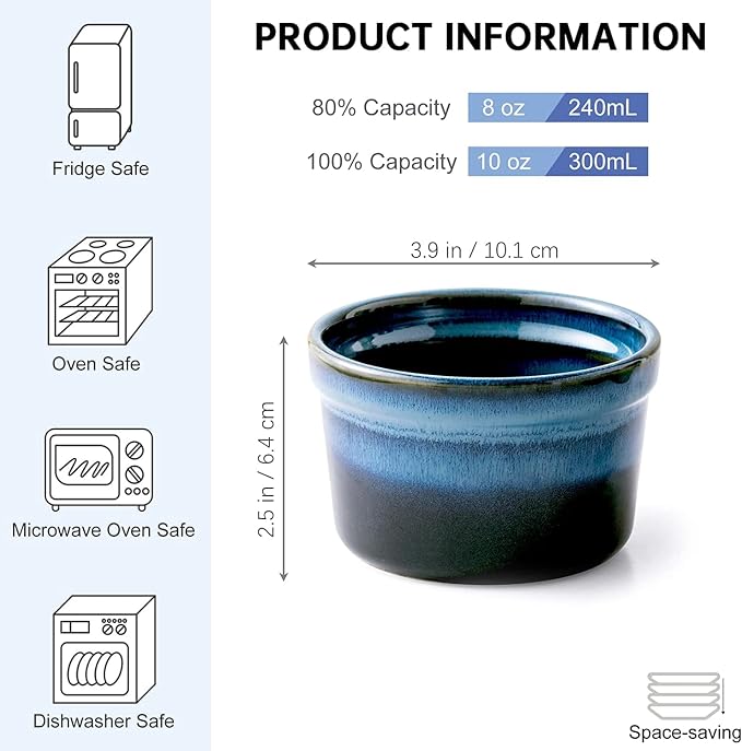 Ceramic Ramekins, 8 oz Creme Brulee Baking Cups, Set of 4, Dark Blue | Reactive Glaze Finish, Oven Safe, Ideal for Souffle, Custard, Pudding, Dips, Ice Cream & Appetizers