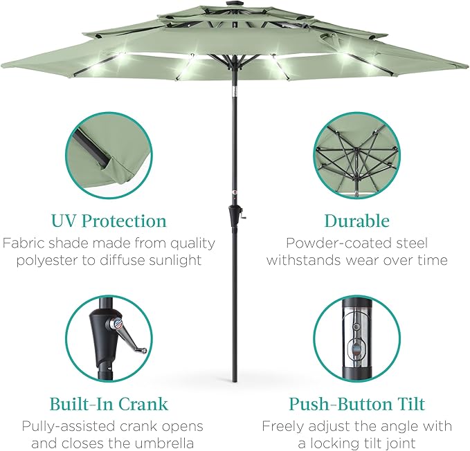 Best Choice Products 10ft 3-Tier Solar Patio Umbrella, Outdoor Market Sun Shade for Backyard, Deck, Poolside w/ 24 LED Lights, Tilt Adjustment, Easy Crank, 8 Ribs - Sage Green