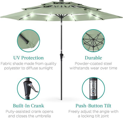 Best Choice Products 10ft 3-Tier Solar Patio Umbrella, Outdoor Market Sun Shade for Backyard, Deck, Poolside w/ 24 LED Lights, Tilt Adjustment, Easy Crank, 8 Ribs - Sage Green