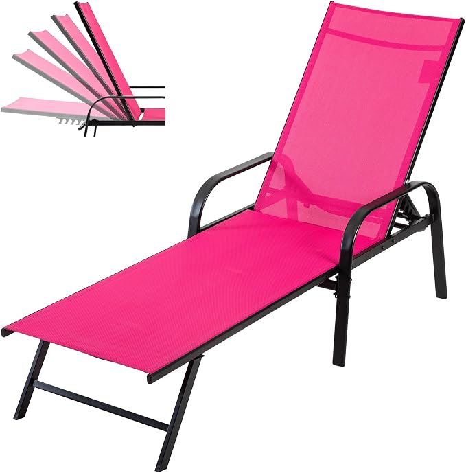 DUMOS Outdoor Lounge Chaise, 5-Position Chaise Lounge with Armrests, Sun Tanning Chair 350 lbs Heavy Duty Patio Pool Chair, Waterproof Sun Lounger for Deck, Backyard, Beach & Poolside, Pink