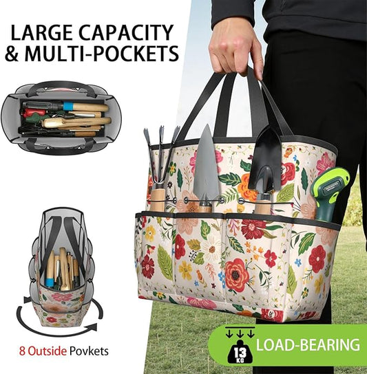 Boho Garden Tool Bag - Waterproof Floral Garden Tote with 8 Pockets, Large Storage Home Organizer Gardening Tool Oxford Bag for Garden Tools Kits Holder, Ideal Outdoor Gardening Gift for Women & Men
