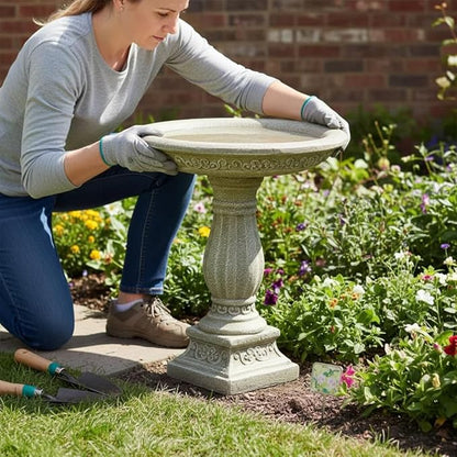 SunJet 23.8 Inch High Concrete Bird Bath with Carved Pedestal – Birdbath Sturdy & Elegant Design, Stone-Like Texture, Attracts Birds and Enhances Garden, Patio, Yard, Lawn Decor
