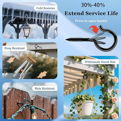 6 Pack Black Screw Hooks with Safety Buckle - 2.3 Inch Rustproof Eye Ceiling Hooks for Hanging Plants,Outdoor String Lights,Baskets,Christmas Lights & Decor,40lb Capacity (6, Black)