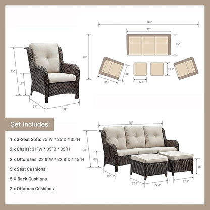Rilyson Outdoor Furniture Set, 5-Piece Patio Rattan Wicker Sectional Sofa Set with 3-Seat Couch, 2 Armchairs, 2 Ottoman Footrests for Patio Conversation (5 PC,Brown/Beige)