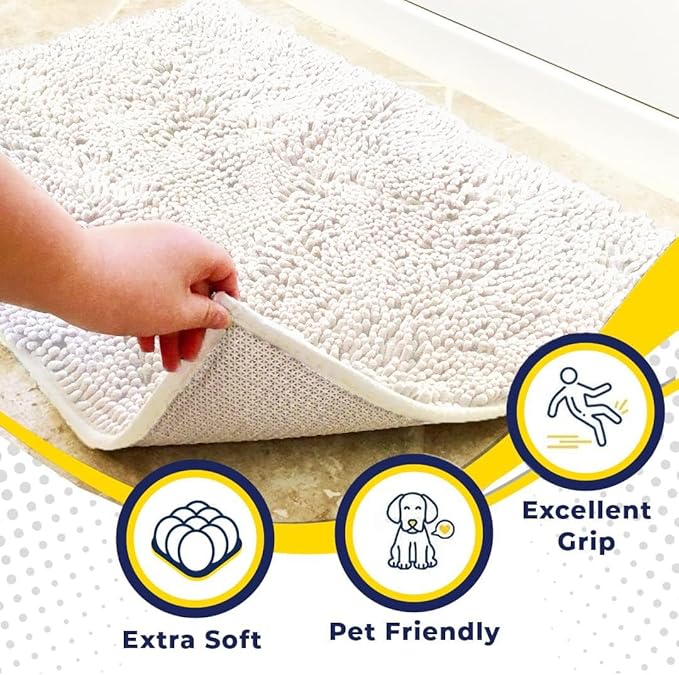 Muddy Mat® | Super Water Absorbent Door Mat Indoor, Microfiber Quick Dry Chenille Entryway Rug, Slip Resistant Front Door Mat, Indoor Mats for Entryway, Machine Washable Pet Rug, White 24" x 72"