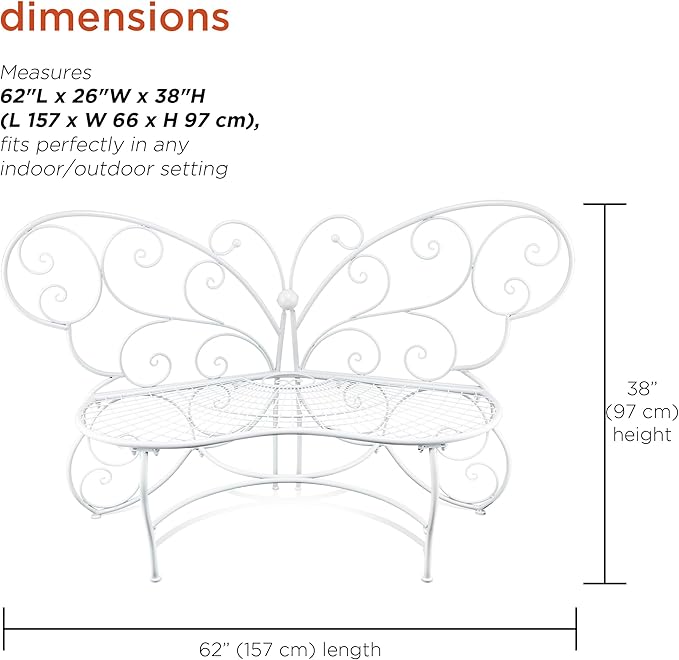 Alpine Corporation 62"L Indoor/Outdoor 2 Person Metal Butterfly Shaped Garden Bench, White