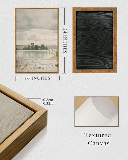 InSimSea Framed Canvas Prints Art Vintage Decor, Countryside Lakeside Landscape Paintings, Large Prints, Vintage Retro Wall Decorations for Bathroom Bedroom Living Room, 16"x24"