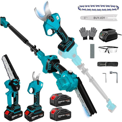 4-in-1 Pole Saw & Electric Pruning Shears, 1.4" Cutting Diameter Cordless Pruner, 6 Inch Chainsaw for Tree Trimming, 9.5ft Max Extension Pole, 2 x 4.0Ah Batteries, Battery Powered Pole Saw for Garden