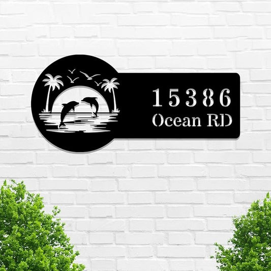 Beach House Metal Sign Custom,Palm Tree Personalized Family Name Sign Wall Art,Custom Home Address Numbers Plaque,Street Address Wall Hanging for Gate Fence Office Hotel Entry Road Mailbox Door Hanger