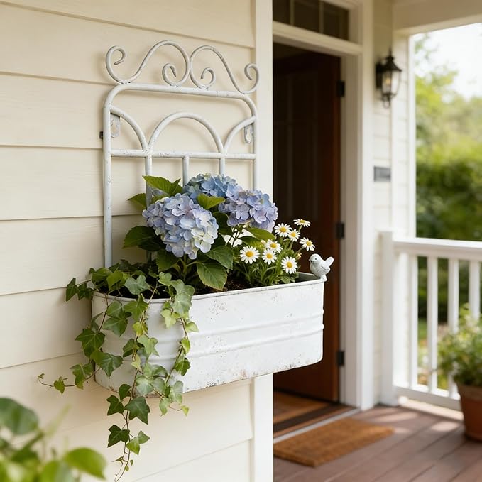Rustic Metal Wall Planter Country Garden Wall Hanging Mount Vase Pocket Outdoor Vintage Hanging Pot Farmhouse Wall Decor for Plants Flowers (White)