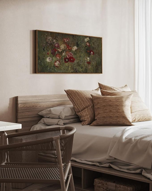 InSimSea Extra Large Framed Vintage Wall Art, Living Room Country Farmhouse Decor, Flowers Botanical Paintings, Canvas Prints, Retro Floral Long Picture for Bedroom Above of Bed,24x48inch