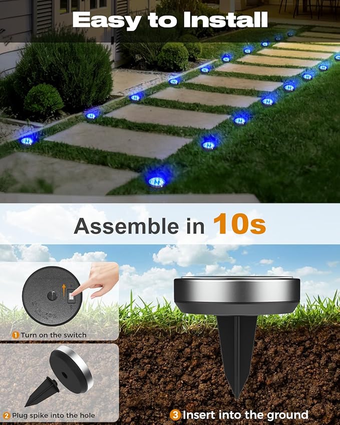 btfarm 16 Pack Solar Lights Outdoor, 8 LED Solar Ground Lights IP65 Waterproof Flat Solar Disc Light, Pathway Lights for Garden Lawn Patio Yard Path Landscape, Blue