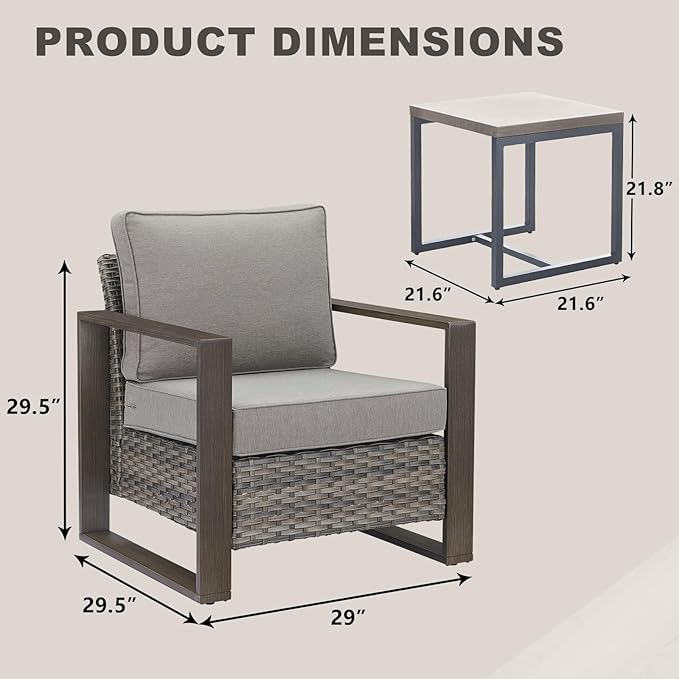 3 Piece Wicker Patio Furniture Set,Patio Bistro Set with 2 Rattan Armrest Chairs and 1 Side Table,Sturdy Frame,All-Weather PE Wicker,Wide Armrest,Deep Seating and Thick Cushions(Mixed Grey/Grey)