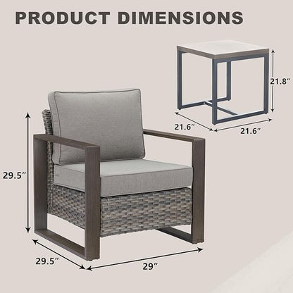 3 Piece Wicker Patio Furniture Set,Patio Bistro Set with 2 Rattan Armrest Chairs and 1 Side Table,Sturdy Frame,All-Weather PE Wicker,Wide Armrest,Deep Seating and Thick Cushions(Mixed Grey/Grey)
