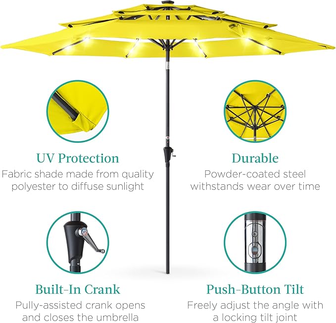 Best Choice Products 10ft 3-Tier Solar Patio Umbrella, Outdoor Market Sun Shade for Backyard, Deck, Poolside w/ 24 LED Lights, Tilt Adjustment, Easy Crank, 8 Ribs - Yellow