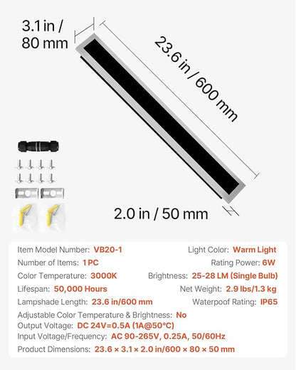 VEVOR Outdoor Wall Light, 23.6 Inch, Long Strip Modern Exterior Wall Sconce Light Fixtures, 3000K Warm White, IP65 Waterproof, Anti-Rust Outside Patio Wall Mount Lighting, for House, Porch, Garage