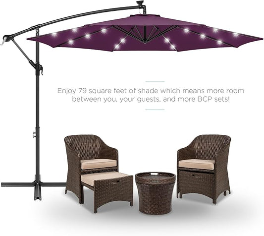 Best Choice Products 10ft Solar LED Offset Hanging Market Patio Umbrella for Backyard, Poolside, Lawn and Garden w/Easy Tilt Adjustment, Polyester Shade, 8 Ribs - Amethyst Purple