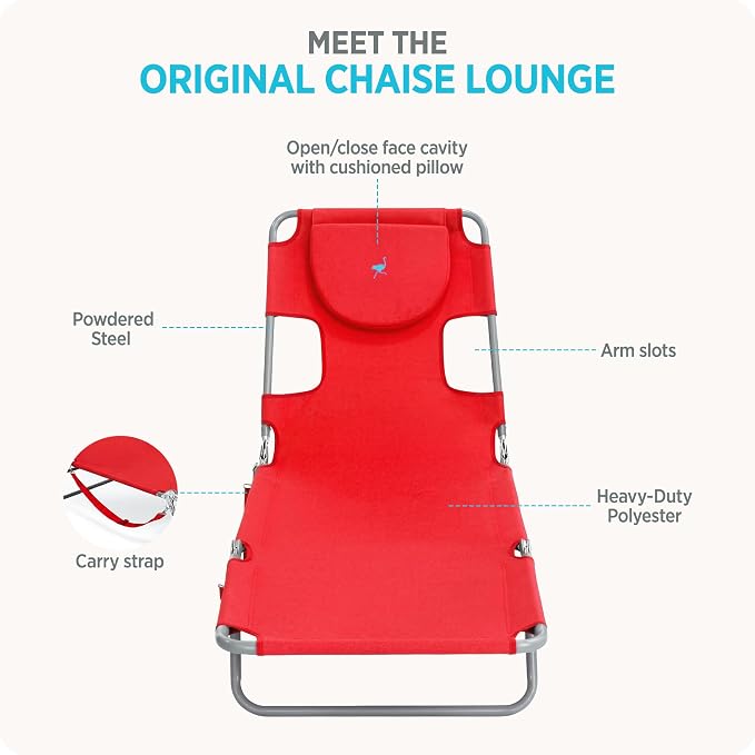 Ostrich the Original Chaise 72 x 22 Inch Lounge Portable Reclining Lounger, Outdoor Patio, Beach, Lawn, Camping, or Pool Tanning Chair, Red