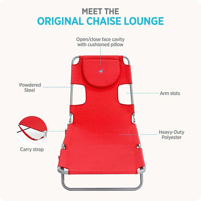 Ostrich the Original Chaise 72 x 22 Inch Lounge Portable Reclining Lounger, Outdoor Patio, Beach, Lawn, Camping, or Pool Tanning Chair, Red