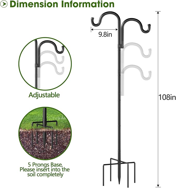 Double Shepherds Hooks for Outdoor, 108" Heavy Duty Bird Feeder Pole with 5 Prong Base, Adjustable Shepherds Hook for Bird feeders Outside, Garden, Weddings, Hanging Plants, 1 Pack, Black