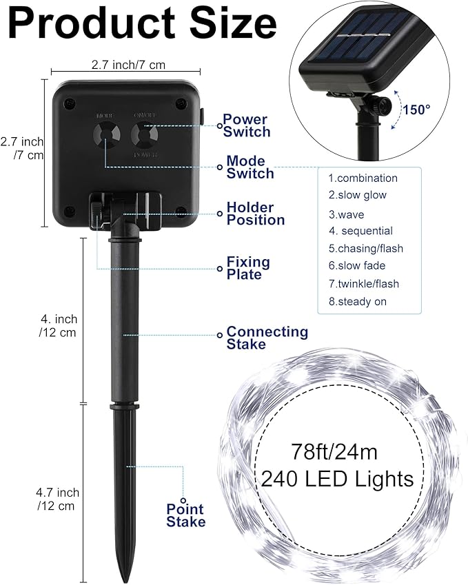 Treela 8 Pack Solar String Lights Outdoor Waterproof Each 240 Led 78ft Solar Fairy Lights Outdoor 8 Mode Led Tree Waterproof Copper Wire Garden Yard(Cool White)