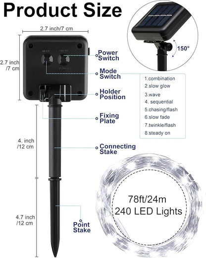Treela 8 Pack Solar String Lights Outdoor Waterproof Each 240 Led 78ft Solar Fairy Lights Outdoor 8 Mode Led Tree Waterproof Copper Wire Garden Yard(Cool White)