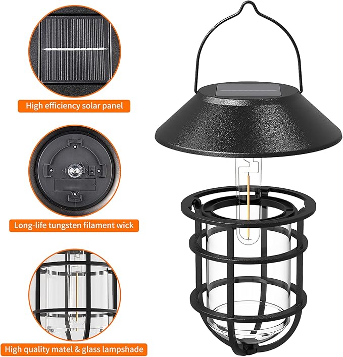 Solar Lantern Hanging Solar Lights Outdoor, Waterproof Metal Wall Lantern with Hooks, Outdoor Wall Lights for Porch, Patio Yard Garden Decor, No Wiring Required, 2 Pack