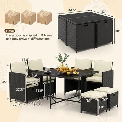 Tangkula 9 Pieces Outdoor Dining Furniture Set, Space-Saving Wicker Rattan Chairs & Tempered Glass Table with Ottomans, Cushioned Seat, Patio Conversation Set for Garden Yard Poolside