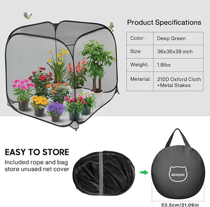 MIAOKE 2 Pack Pop Up Mesh Plant Cover, 35.4x35.4x38.2 Inch No Build Protection Against Insects Garden Netting, Raised Bed Cover for Barrier Against Insects for Vegetable Plant Fruit Animals-Black