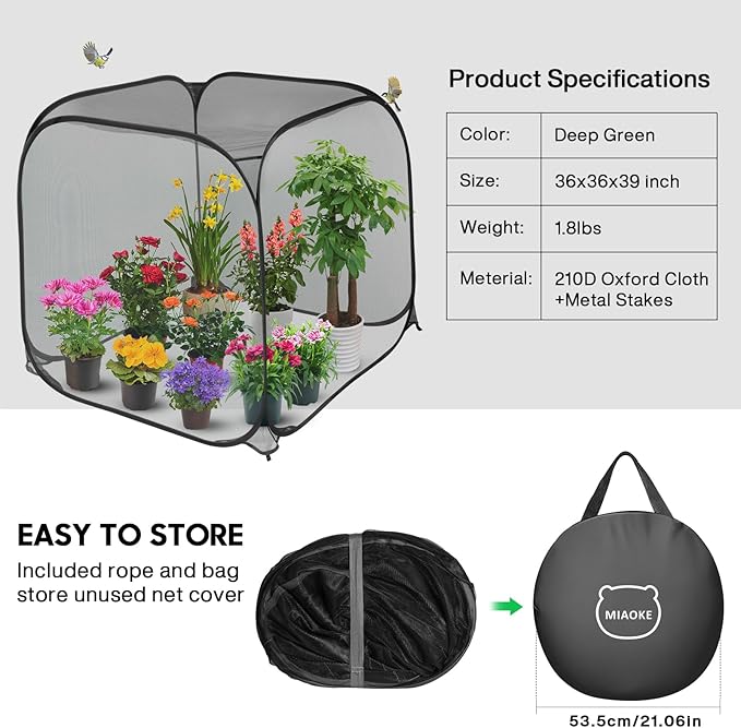 MIAOKE Pop Up Mesh Plant Cover, 35.4x35.4x38.2 Inch No Build Protection Against Insects Garden Netting, Raised Bed Cover for Barrier Against Insects for Vegetable Plant Fruit Animals-Black