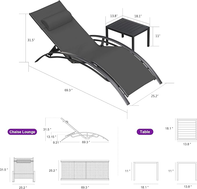 PURPLE LEAF Patio Chaise Lounge Set of 3 Outdoor Lounge Chair Beach Pool Sunbathing Lawn Lounger Recliner Chiar Outside Tanning Chairs with Arm for All Weather, Side Table Included, Black