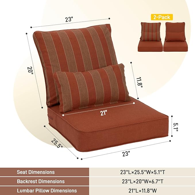 Aoodor Outdoor Chair Cushion, 23 x 26 Inch Water-Resistant, Fade-Resistant Olefin Fabric Patio Seat Cushions with Removable Cover and Adjustable Straps for Outdoor Furniture, Set of 2, Red Stripes