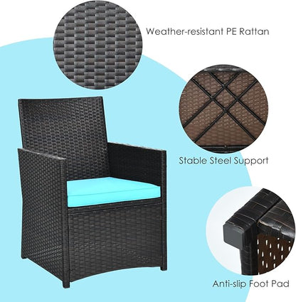 HAPPYGRILL 3PCS Outdoor Wicker Bistro Set PE Rattan Dining Table Set with Cushioned Chairs, Patio Conversation Set for Backyard Porch Garden and Poolside