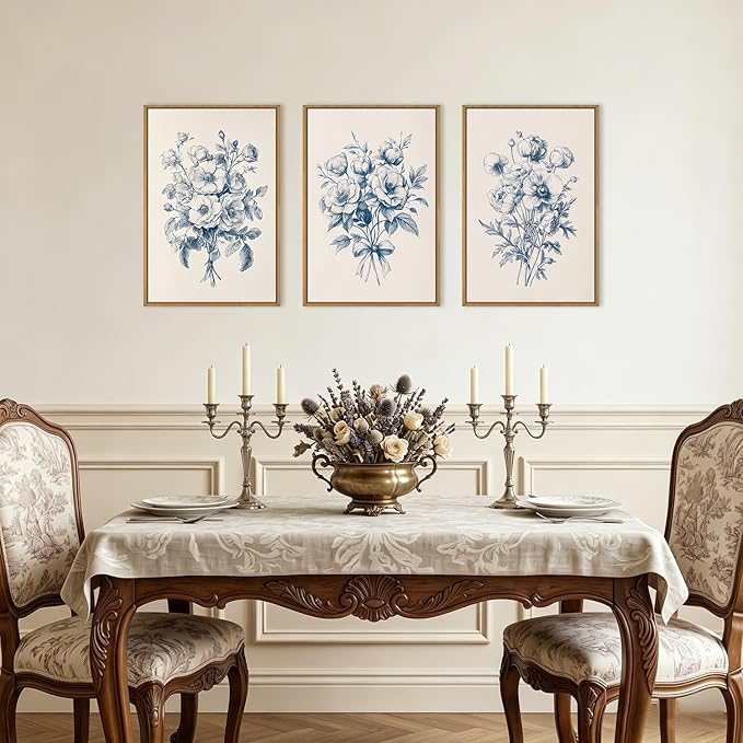 KAIRNE Navy Blue Floral Framed Canvas Wall Art Set,Vintage Botanical Flower Wall Decor,Modern Minimalist Bouquet Art Prints,Neutral Rose Artwork for Living Room,Bedroom,Farmhouse,Office-16 x24 x3