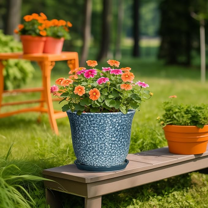 10 Inch Plant Pot - Ceramic Planter for Indoor Outdoor, Round Flower Pots with Drainage Hole and Saucer, Modern Decorative Planter for Plants, Home Office Decor, Plant Lover Gifts, Blue