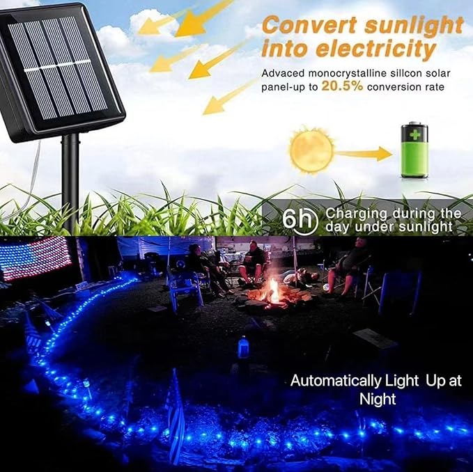 YEGUO 4 Pack Blue Solar Fairy Lights, Each 33ft 100 LED Christmas Lights Outdoor Waterproof, 8 Modes Sliver Wire Solar String Lights