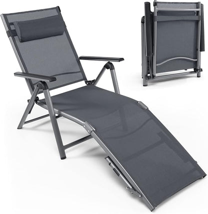 Tangkula Outdoor Aluminum Chaise Lounge Chair, Patio Folding Chaise with 8 Back and 2 Leg Adjustable Positions, Lounge Recliner with Quick-Drying Fabric for Poolside, Backyard, Beach
