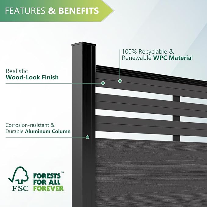 Mondaria Semi-Closed Privacy Fence Panels with 1 Post for Outside, 6ft(W) x 6ft(H), Wind Resistant Wood Plastic Composite Fencing Panels for Patio, Backyard, Garden and Pool, Silver Gray