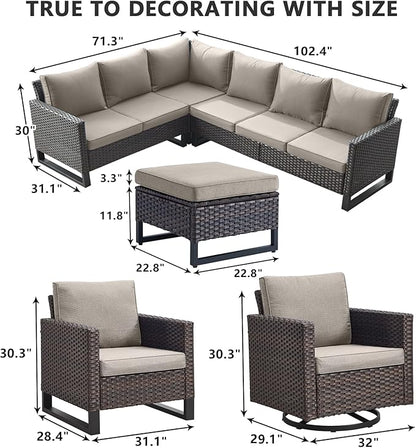 HUMMUH 10 Piece Patio Furniture PE Wicker 6-Seater Outdoor Sectional Sofa with Dinning Table Patio Swivel Chairs Outdoor Chairs for Porch,Garden,Backyard,Deck(Brown/Grey)