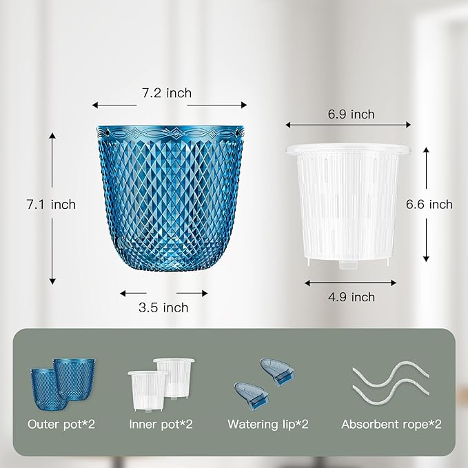 QCQHDU 2-Pack Self Watering Pots, 7.2 Inch Plant Pots with Drainage Holes and Water Filling Port, Plastic Garden Planter for Indoor Plants (Klein Blue)