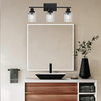 MELUCEE 3 Lights Modern Bathroom Light Fixtures Black Vanity Lights Indoor Wall Mounted Light with Hammered Glass Shade Suitable for Bathroom Living Room Hallway