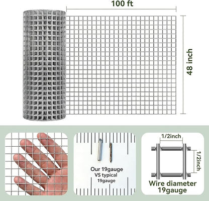 Amagabeli Hardware Cloth 1/2 inch 48 x 100 ft 19 Gauge Chicken Wire Fence Hot-Dipped Galvanized After Welding Welded Wire Fencing Mesh Roll Plant Support Gopher Snake Rodent Rabbit Poultry Netting