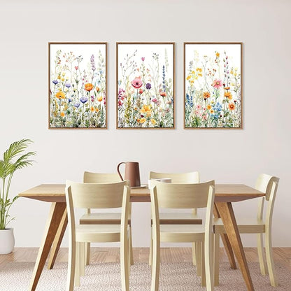 FWIEXA Floral Canvas Wall Art, Framed Wildflower Pictures Wall Decor, Large Flower Prints, Colorful Botanical Artwork, Watercolor Painting 3 Panel 24x36 Inches for Living Room, Bedroom, Office, Home