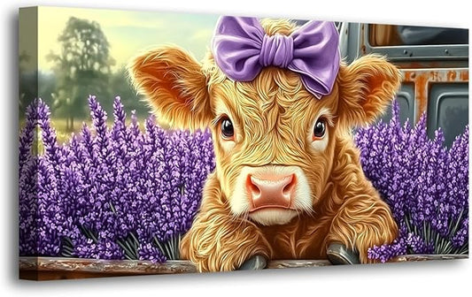 Haichuang Decor Art 40x20 Inch Highland Cow Canvas Wall Art, Cute Cow with Purple Bow & Lavender Field Print, Framed Ready to Hang for Living Room Bedroom Bathroom, Farmhouse Animal Wall Decor