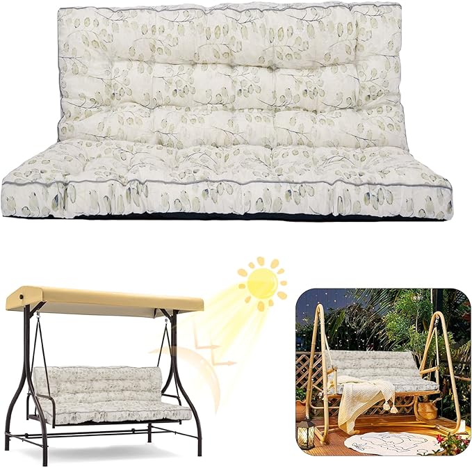 2/3 Seater Swing Replacement Cushion, Waterproof Porch Swing Cushions with Backrest, Thickened Bench Cushions for Outdoor Furniture, for Outdoor Patio Swing (White Leaves, 63 * 40in)