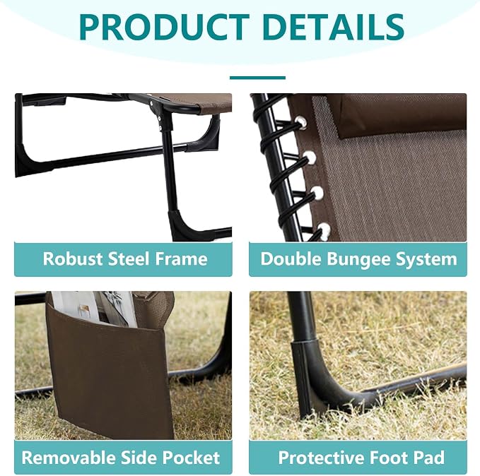 Portable Foldable Sun Tanning Chair, Heavy Duty Adjustable Folding Laying Out Chairs for Tanning, Beach Lounge Chairs for Adults for Outdoor Sunbathing Patio Pool Lawn Camping Deck (Brown)