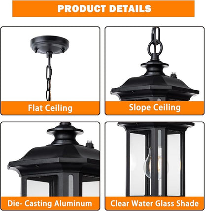 JYZ Dusk to Dawn Outdoor Pendant Lighting, Large Exterior Hanging Lantern Light Fixture, Classic Black Outdoor Chandelier, Outside Ceiling Mount Hanging Lamp for Porch Hallway Foyer Patio Gazebo