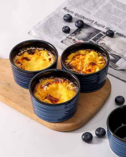 Hasense 6 oz Ramekins for Baking,Ceramic Souffle Dish Oven Safe Set of 6,Porcelain Dipping Sauce Bowls for Pudding, Creme Brulee, Souffle, Serving Dip, Custard, Ice Cream(Blue)