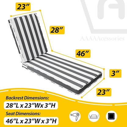 AAAAAcessories Outdoor Chaise Lounge Cushions, Waterproof, Fade-Resistant Patio Furniture Replacement Cushions, 74" x 23" x 3", Gray Cabana Stripe